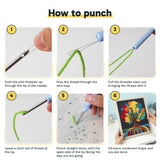 Six steps showing how to thread and use the punch needle