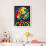Finished Rainbow Roots Tree punch needle canvas on a wall