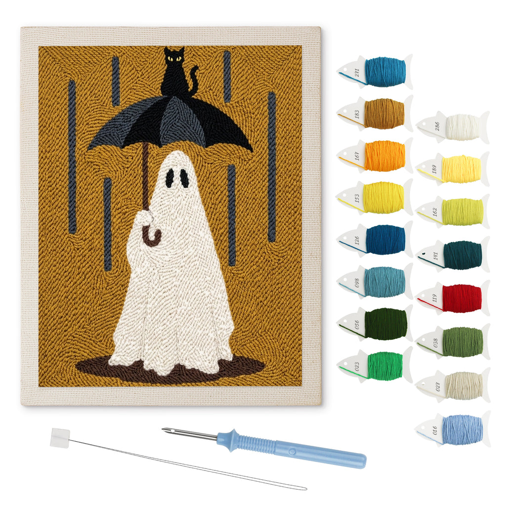 Rainy Day Ghost punch needle kit: finished canvas with threads, punch needle and threader