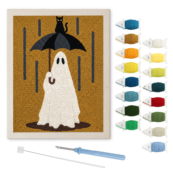 Rainy Day Ghost punch needle kit: finished canvas with threads, punch needle and threader