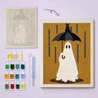Rainy Day Ghost canvas before and after punching, with the threads and tools