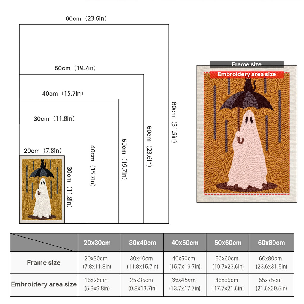 Size chart for punch needle kits from 20 x 30 cm to 60 x 80 cm