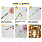 Six steps showing how to thread and use the punch needle