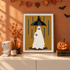 Finished Rainy Day Ghost punch needle canvas on a wall