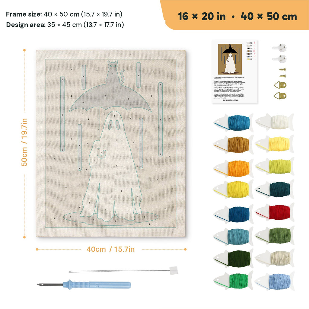 Rainy Day Ghost punch needle kit, 16 × 20 in (40 × 50 cm): canvas size and kit contents