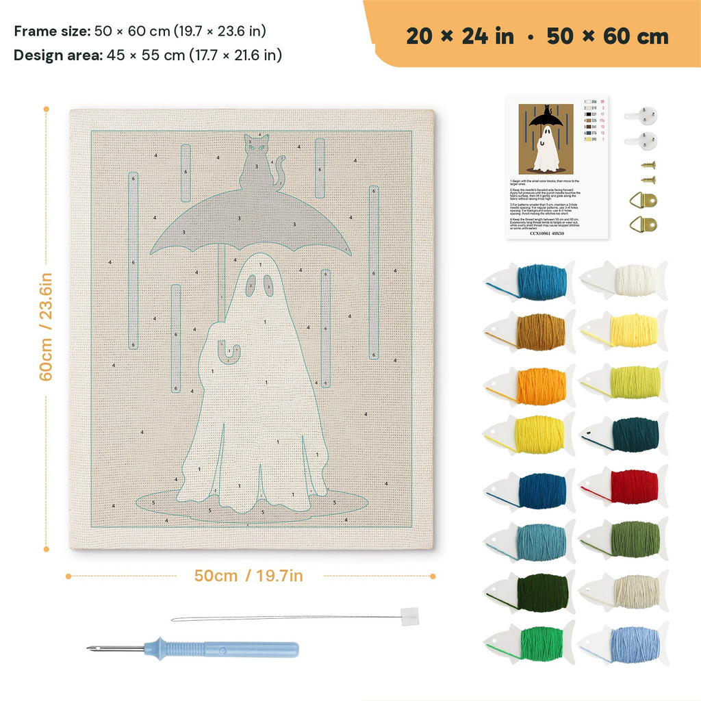 Rainy Day Ghost punch needle kit, 20 × 24 in (50 × 60 cm): canvas size and kit contents