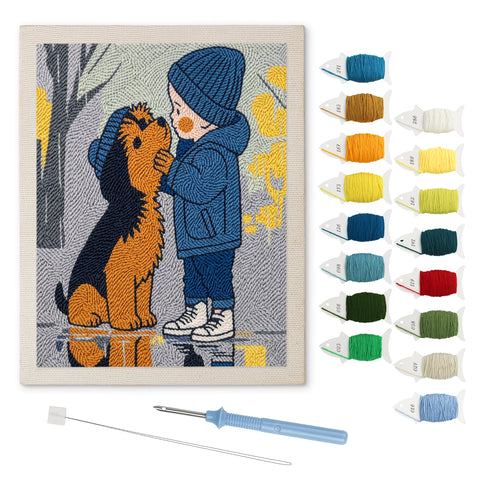 Rainy Day Pals punch needle kit: finished canvas with threads, punch needle and threader