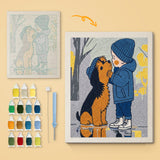Rainy Day Pals canvas before and after punching, with the threads and tools