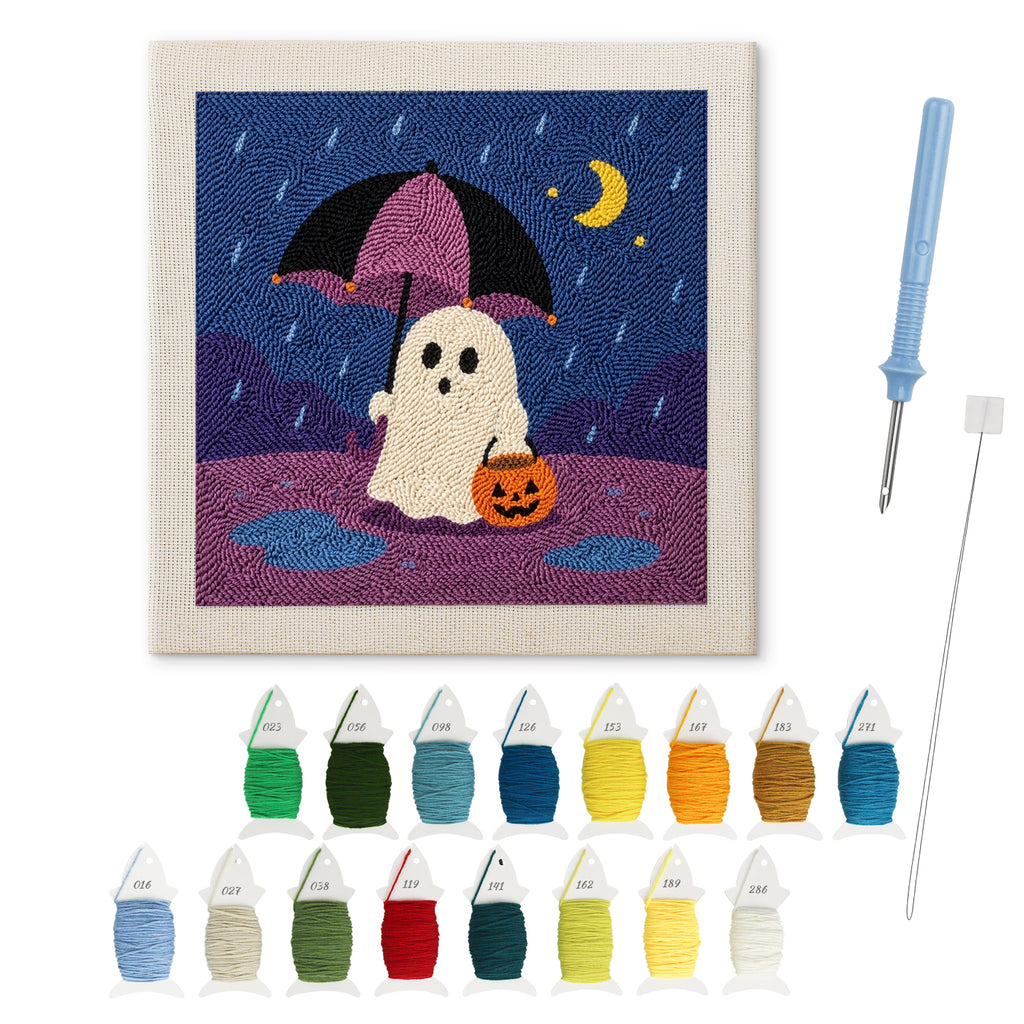 Rainy Night Ghost punch needle kit: finished canvas with threads, punch needle and threader