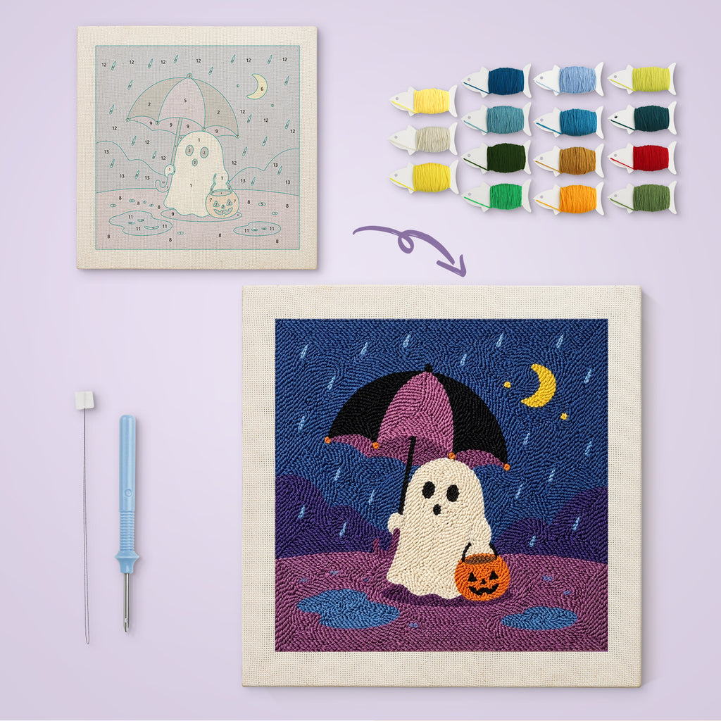 Rainy Night Ghost canvas before and after punching, with the threads and tools