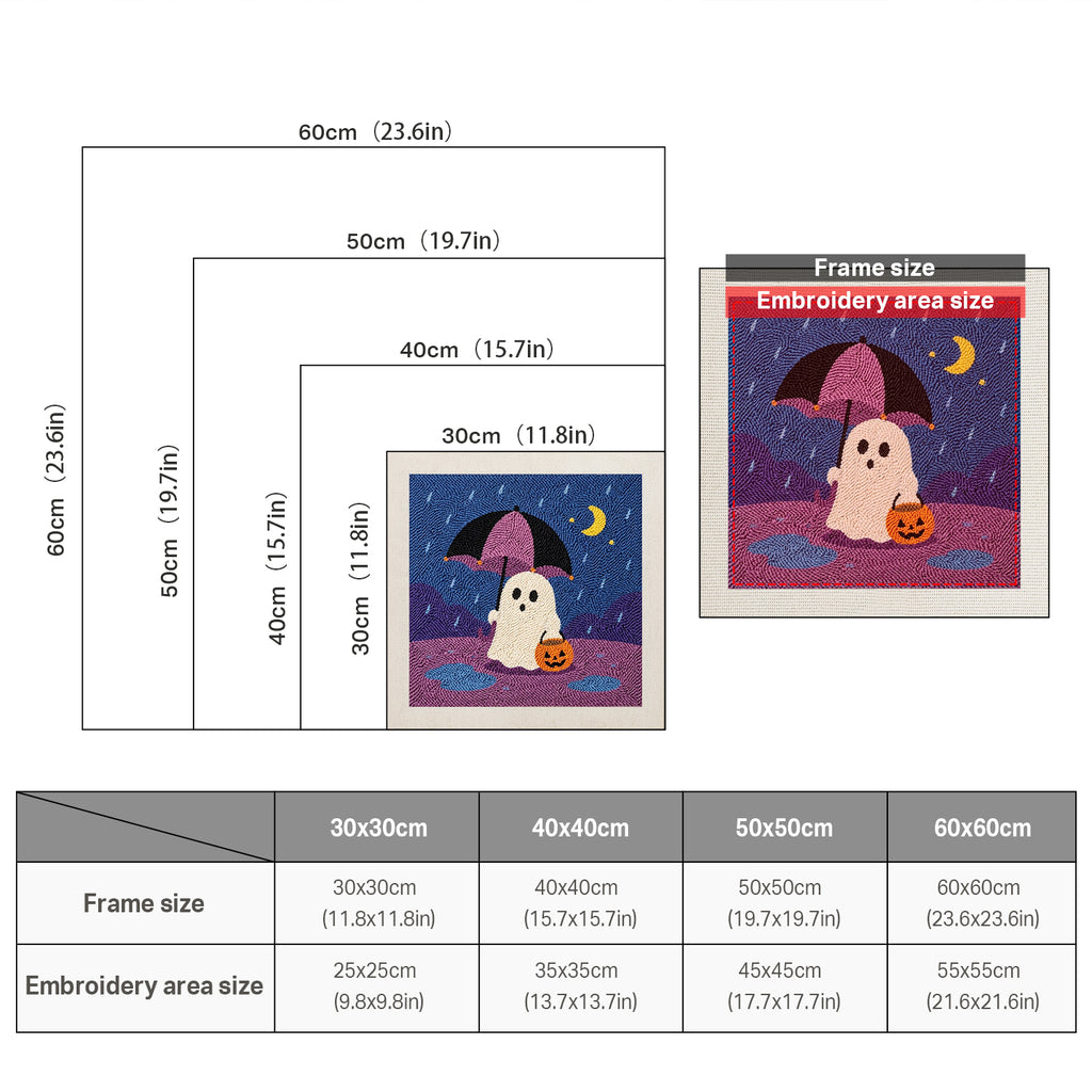 Size chart for square punch needle kits from 30 x 30 cm to 60 x 60 cm