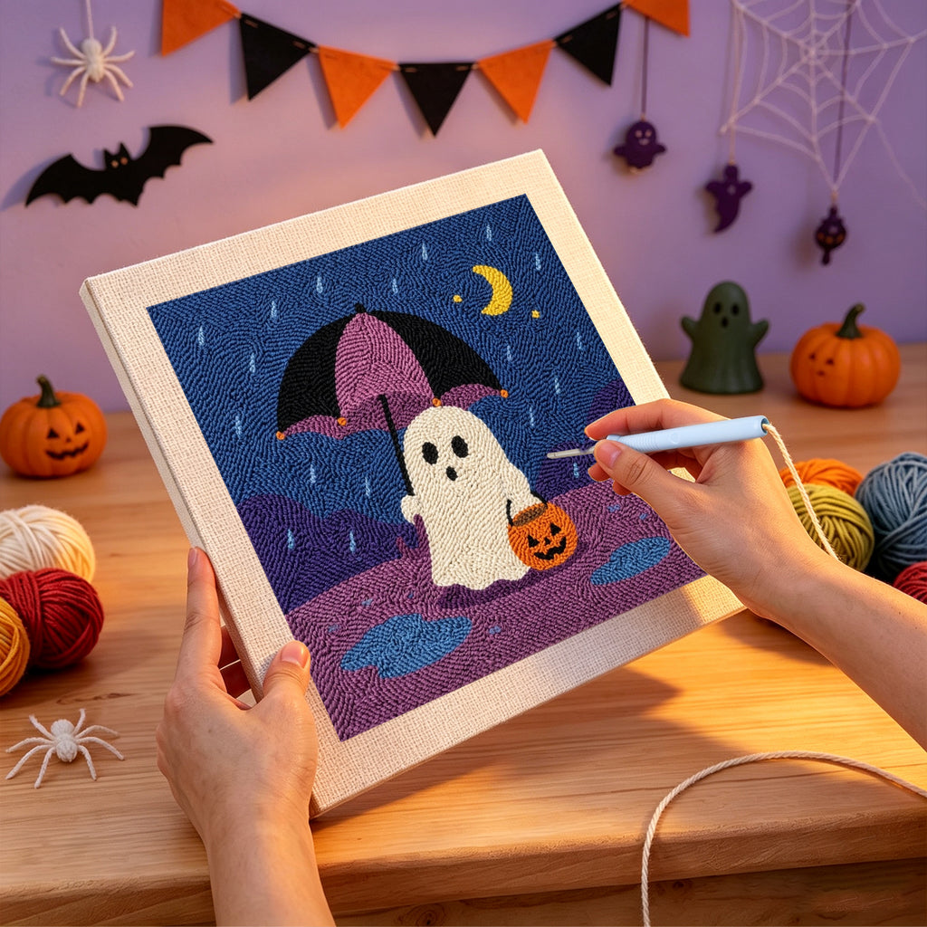 Punching the Rainy Night Ghost design with the punch needle