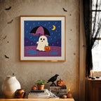 Finished Rainy Night Ghost punch needle canvas on a wall