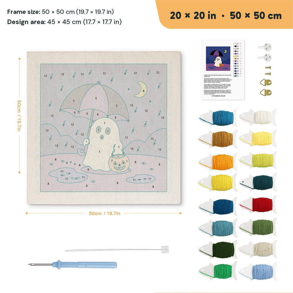 Rainy Night Ghost punch needle kit, 20 × 20 in (50 × 50 cm): canvas size and kit contents