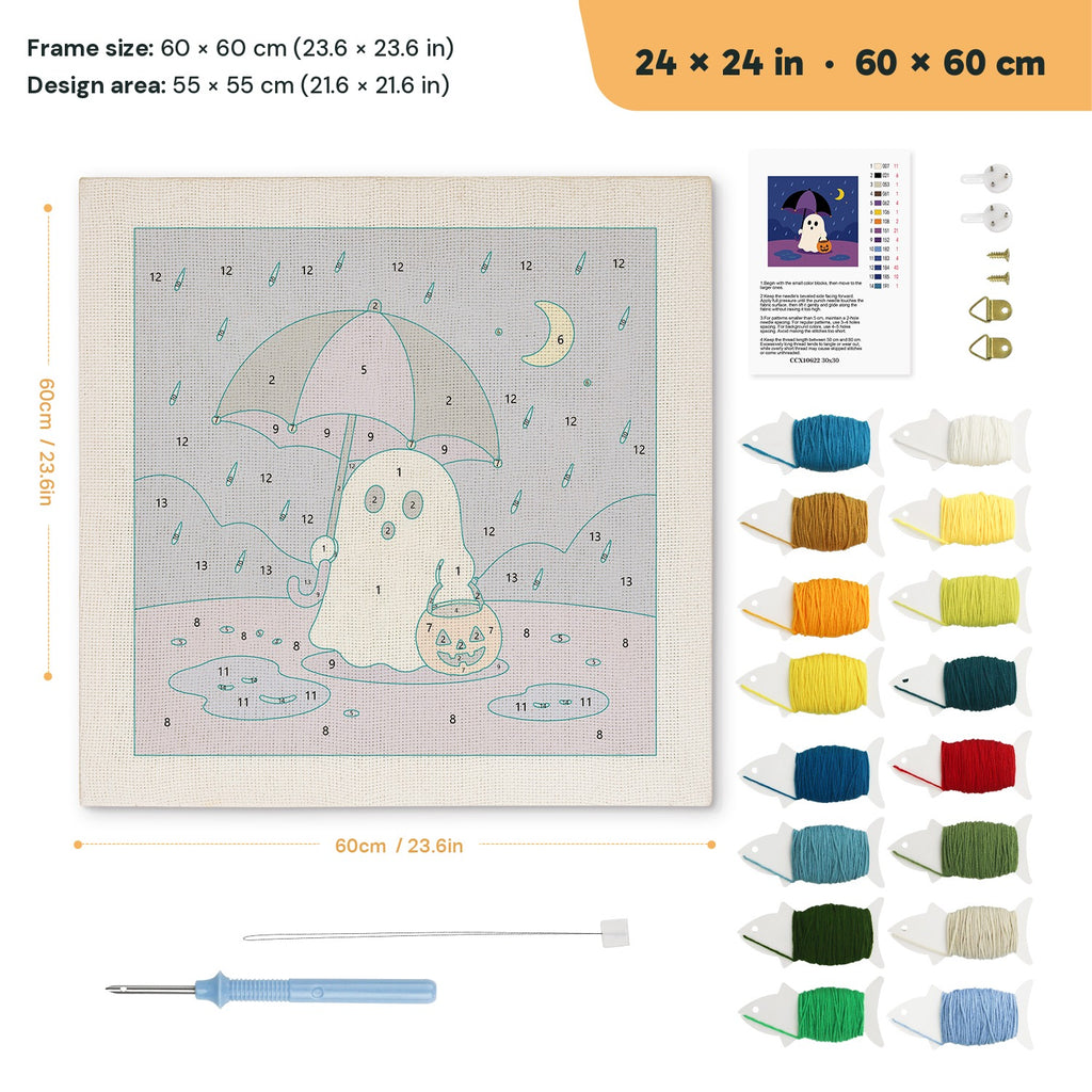 Rainy Night Ghost punch needle kit, 24 × 24 in (60 × 60 cm): canvas size and kit contents