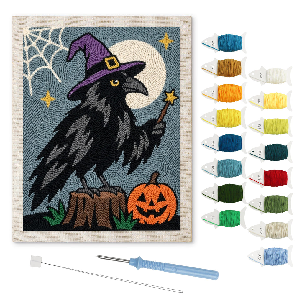 Raven Wizard punch needle kit: finished canvas with threads, punch needle and threader