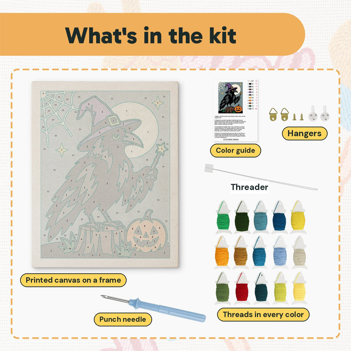 What is in the Raven Wizard kit: printed canvas, punch needle, threader, threads, color guide and hangers
