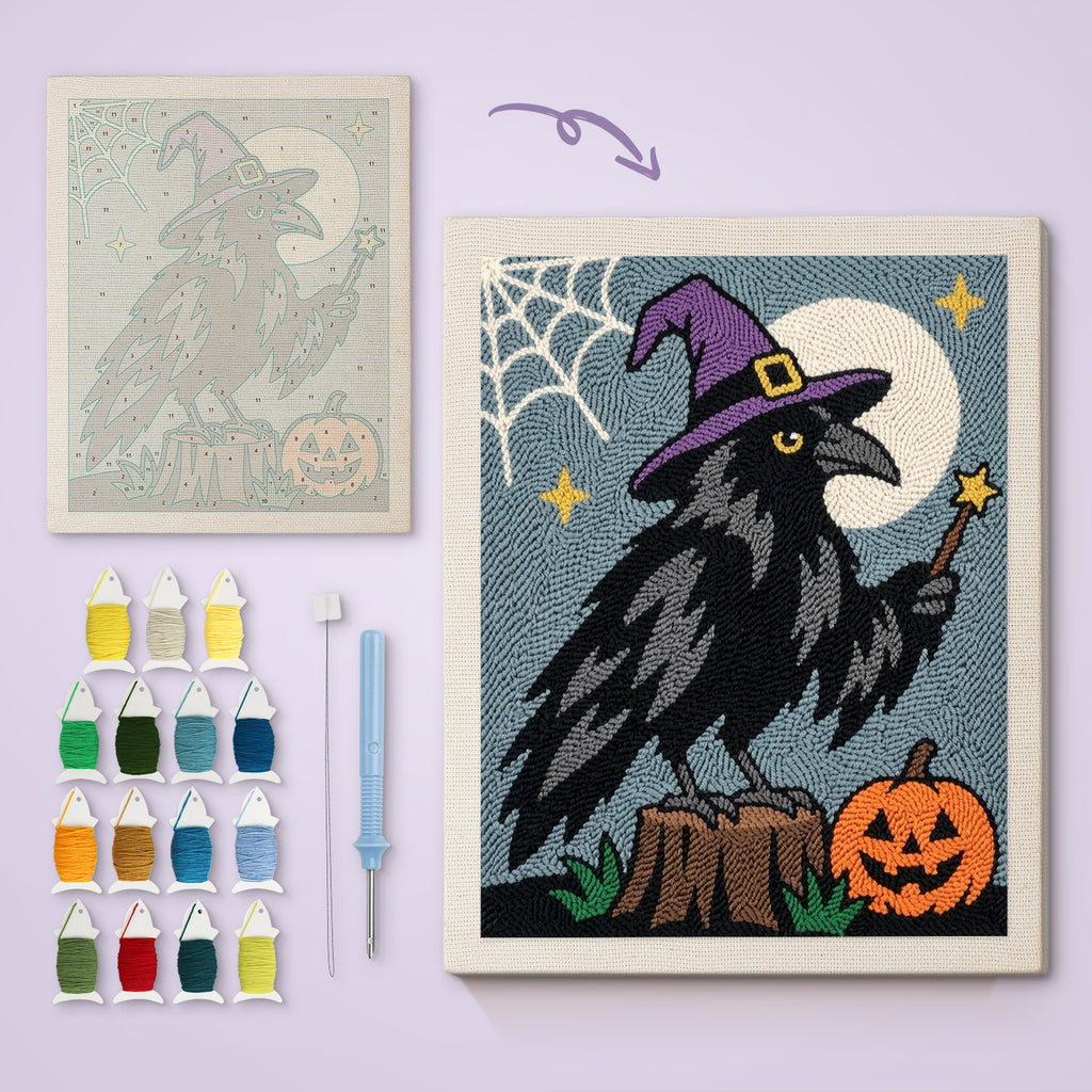 Raven Wizard canvas before and after punching, with the threads and tools