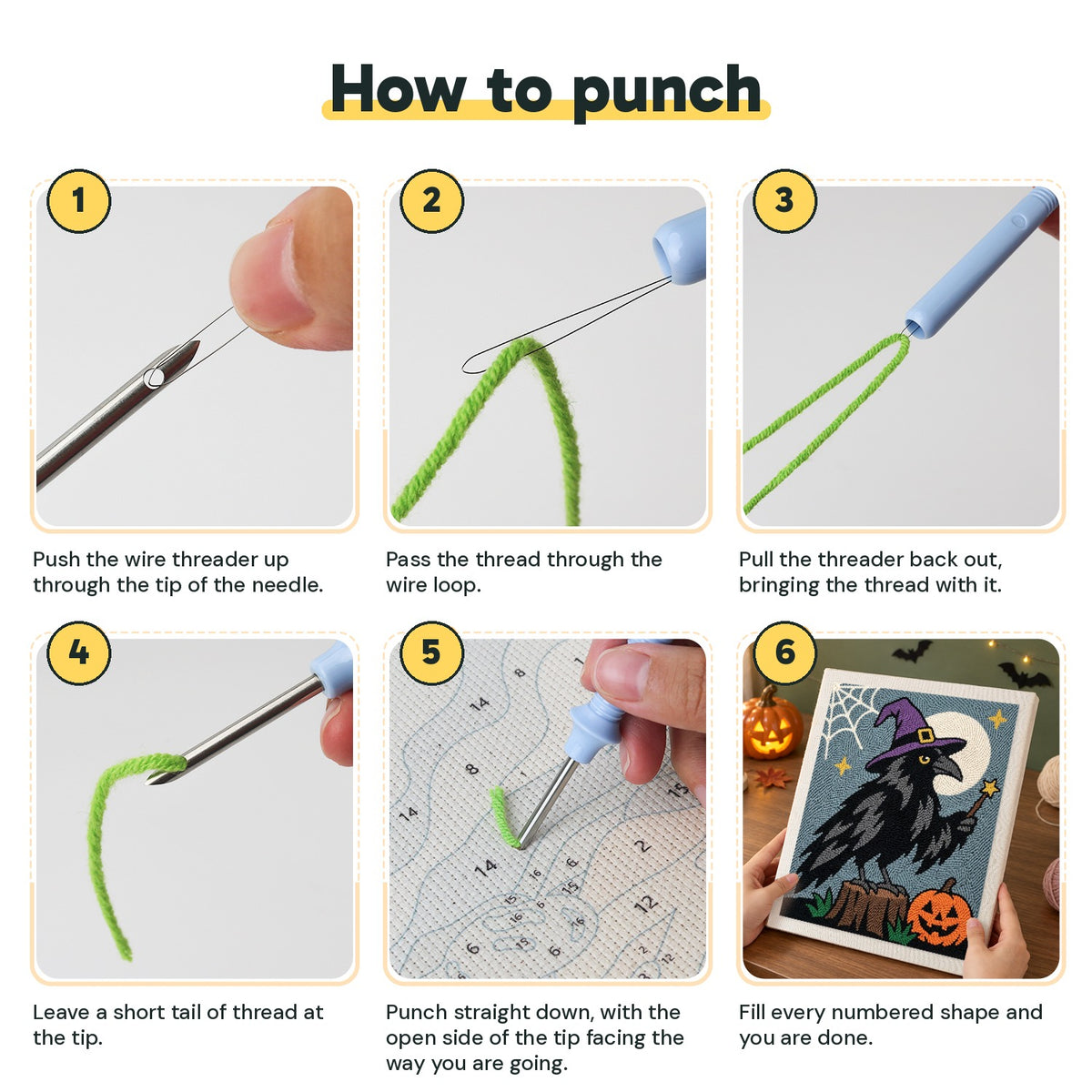 Six steps showing how to thread and use the punch needle