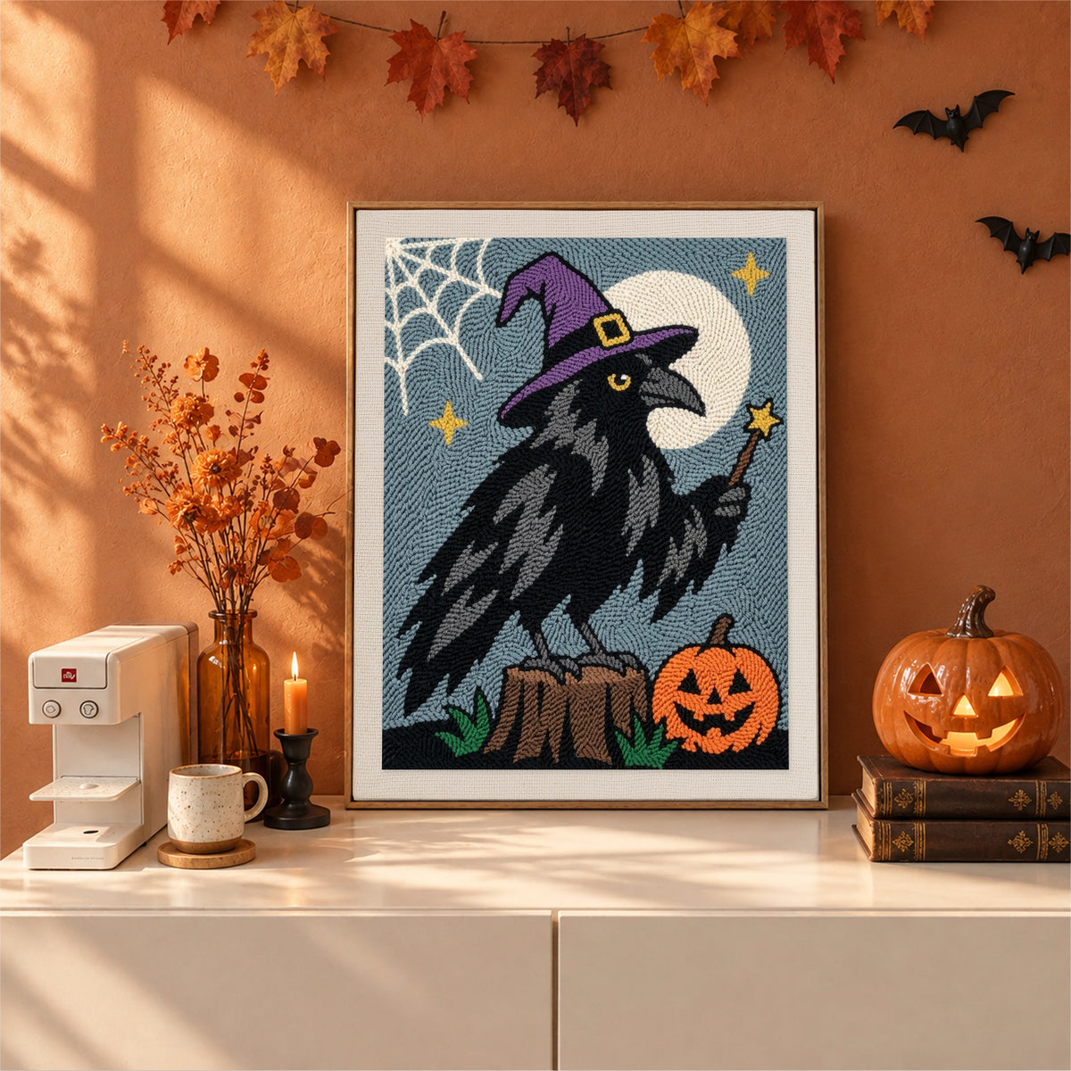 Finished Raven Wizard punch needle canvas on a wall