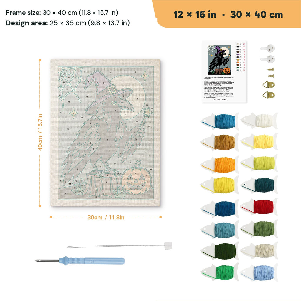 Raven Wizard punch needle kit, 12 × 16 in (30 × 40 cm): canvas size and kit contents