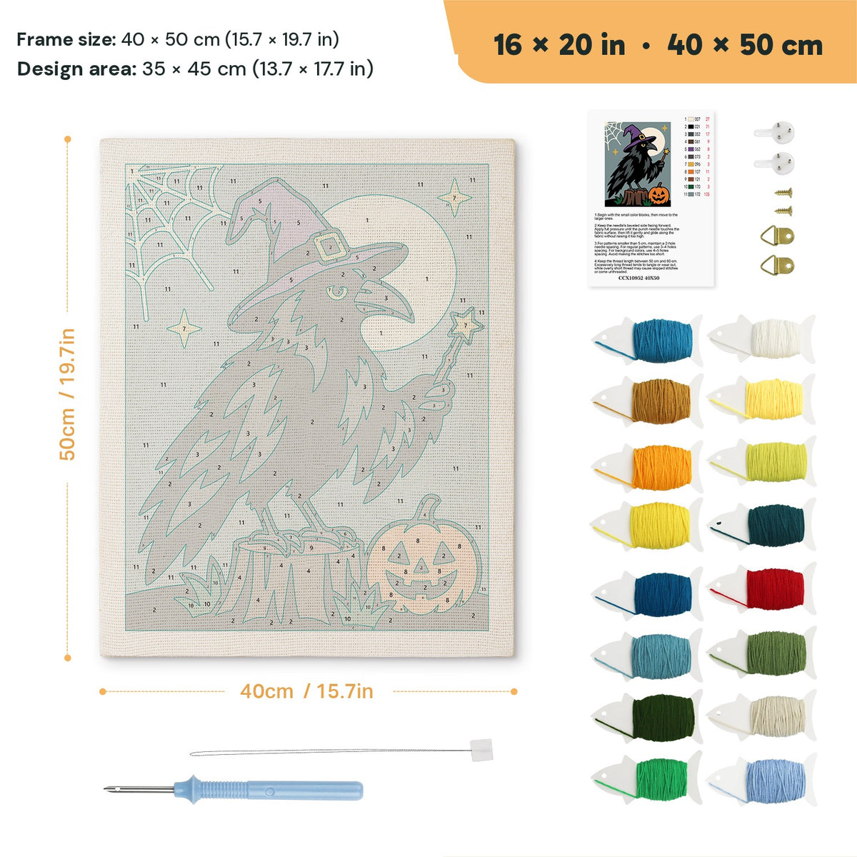Raven Wizard punch needle kit, 16 × 20 in (40 × 50 cm): canvas size and kit contents