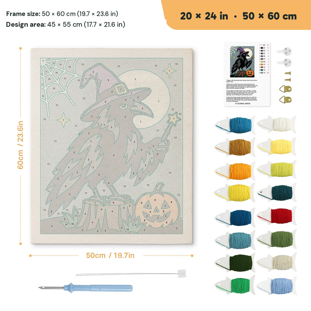 Raven Wizard punch needle kit, 20 × 24 in (50 × 60 cm): canvas size and kit contents