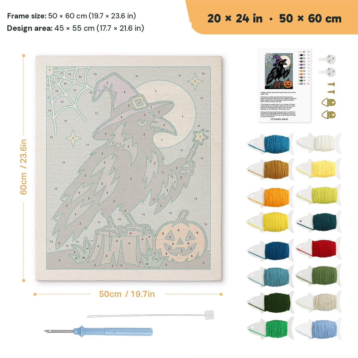 Raven Wizard punch needle kit, 20 × 24 in (50 × 60 cm): canvas size and kit contents