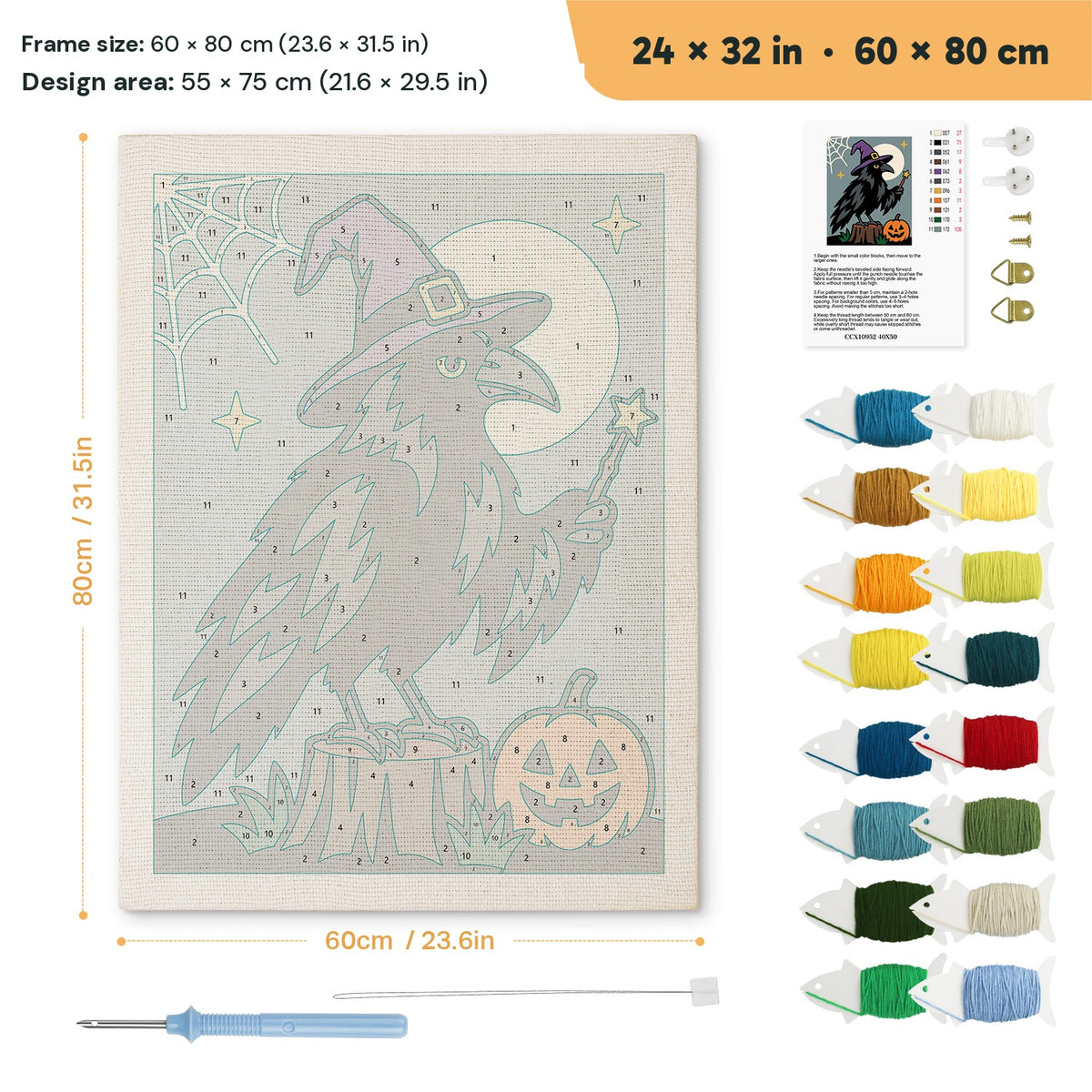 Raven Wizard punch needle kit, 24 × 32 in (60 × 80 cm): canvas size and kit contents