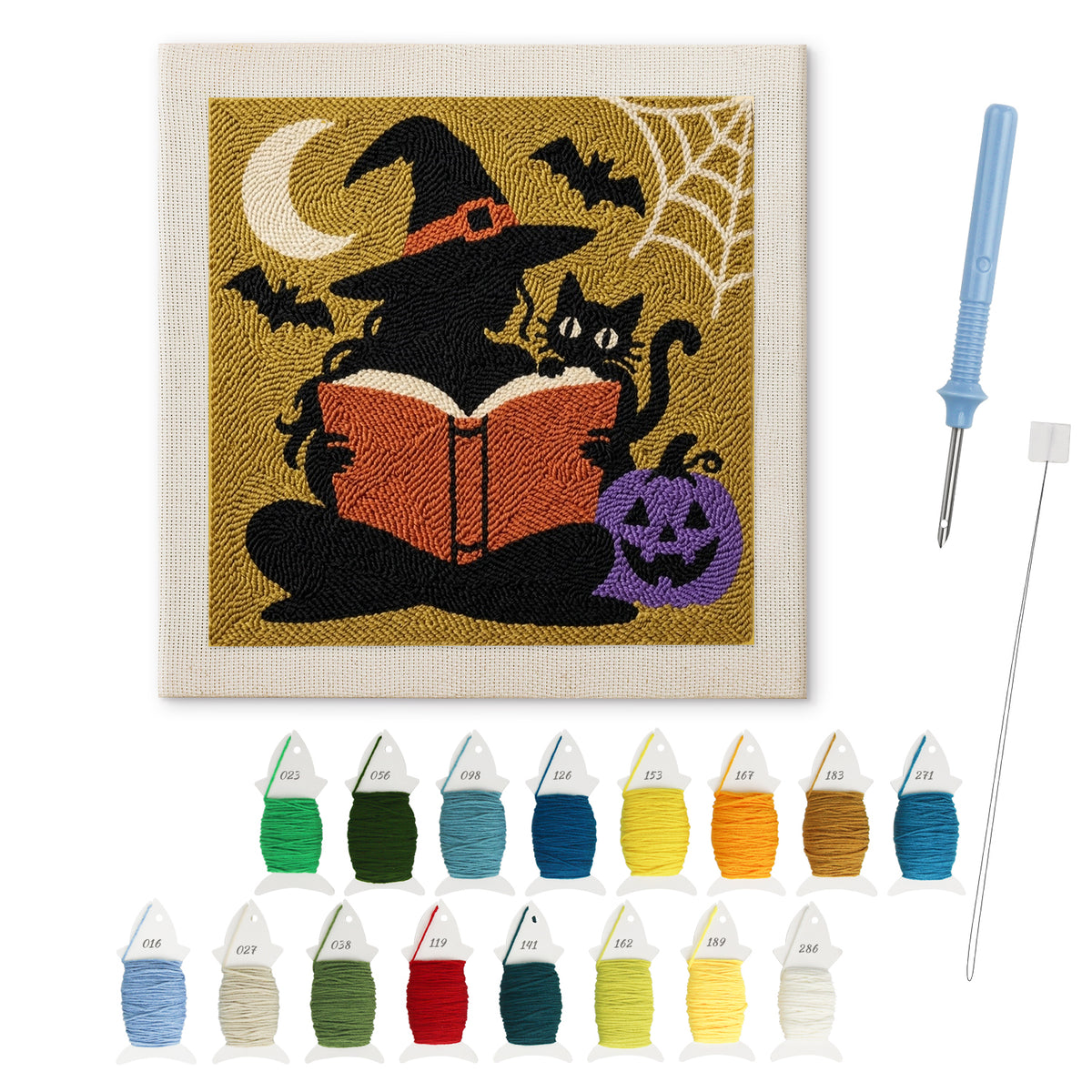 Reading Witch punch needle kit: finished canvas with threads, punch needle and threader