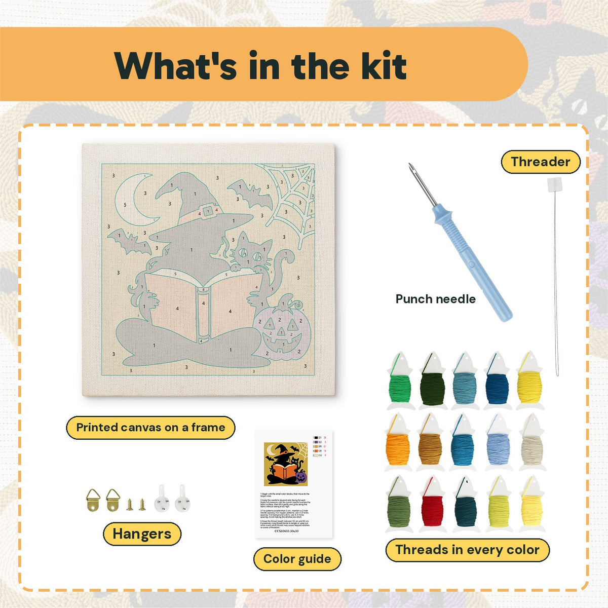 What is in the Reading Witch kit: printed canvas, punch needle, threader, threads, color guide and hangers