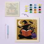 Reading Witch canvas before and after punching, with the threads and tools