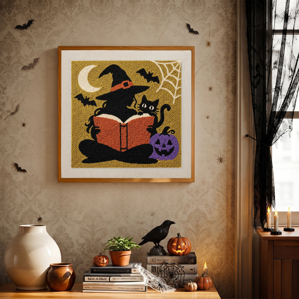 Finished Reading Witch punch needle canvas on a wall