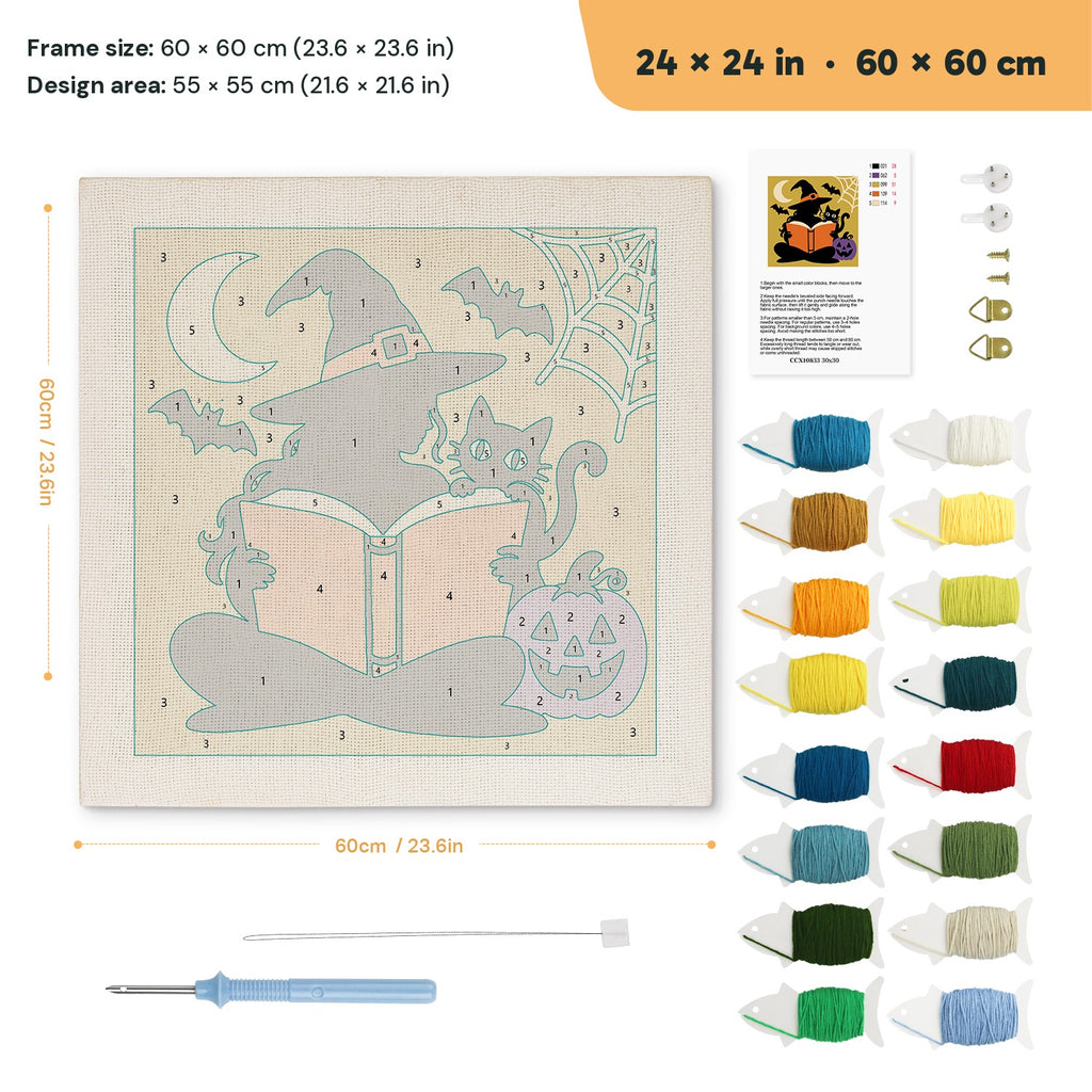 Reading Witch punch needle kit, 24 × 24 in (60 × 60 cm): canvas size and kit contents