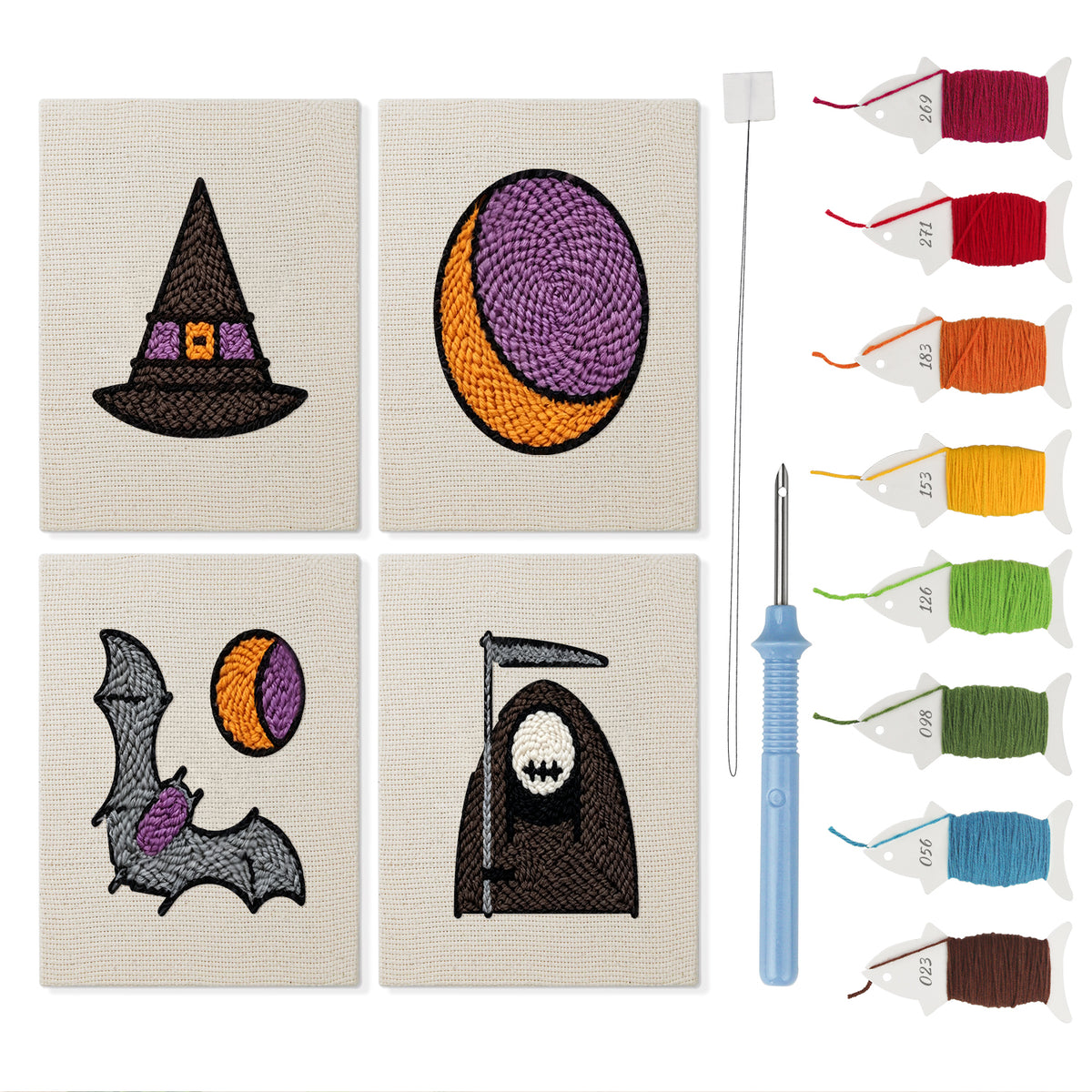 Reaper and Bat mini punch needle kit set: four finished canvases with threads, punch needle and threader