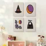 The four Reaper and Bat mini canvases on a wall above a shelf