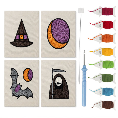 Reaper and Bat mini punch needle kit set: four finished canvases with threads, punch needle and threader