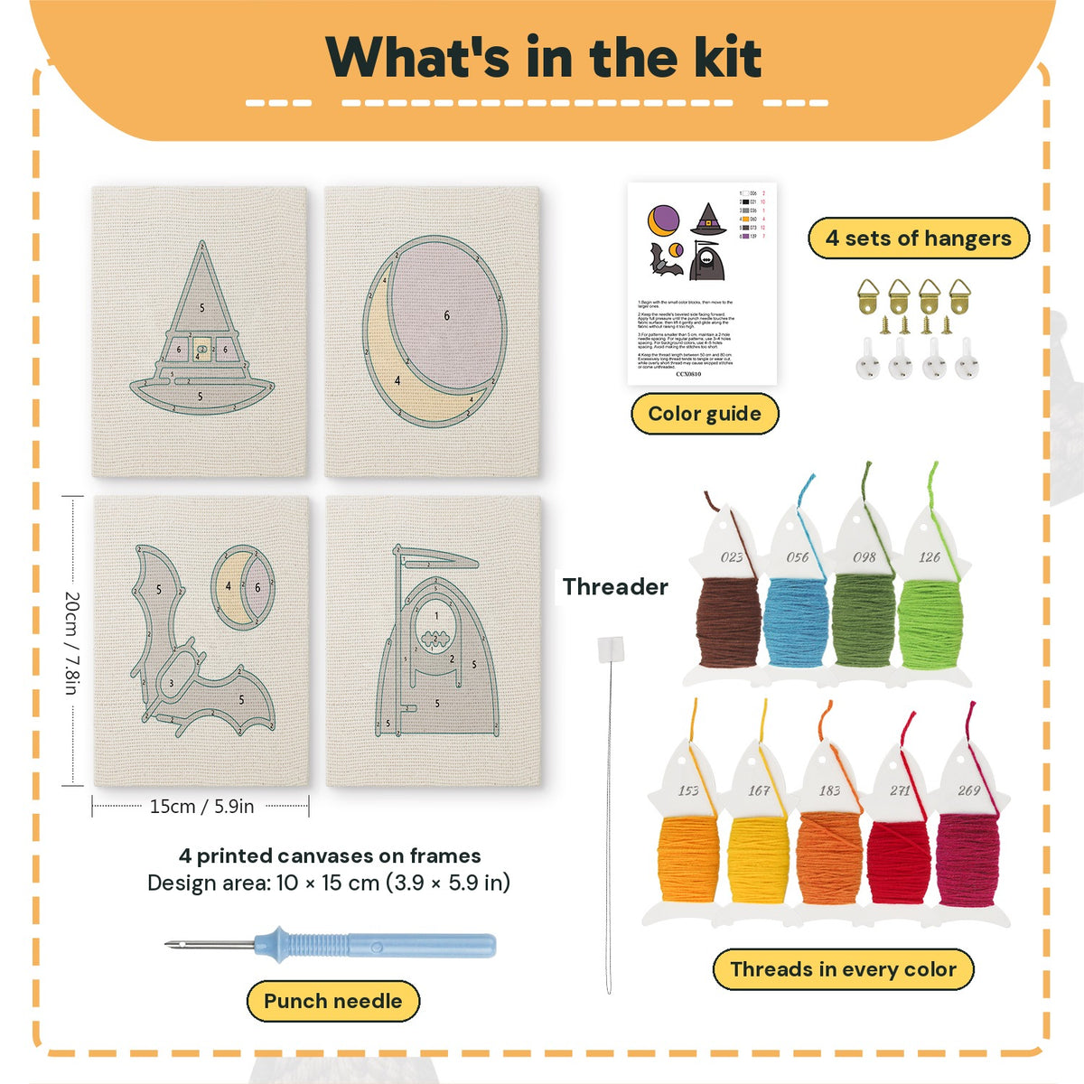 What is in the Reaper and Bat set: 4 printed canvases, punch needle, threader, threads, color guide and 4 sets of hangers (6 × 8 in (15 × 20 cm) each)