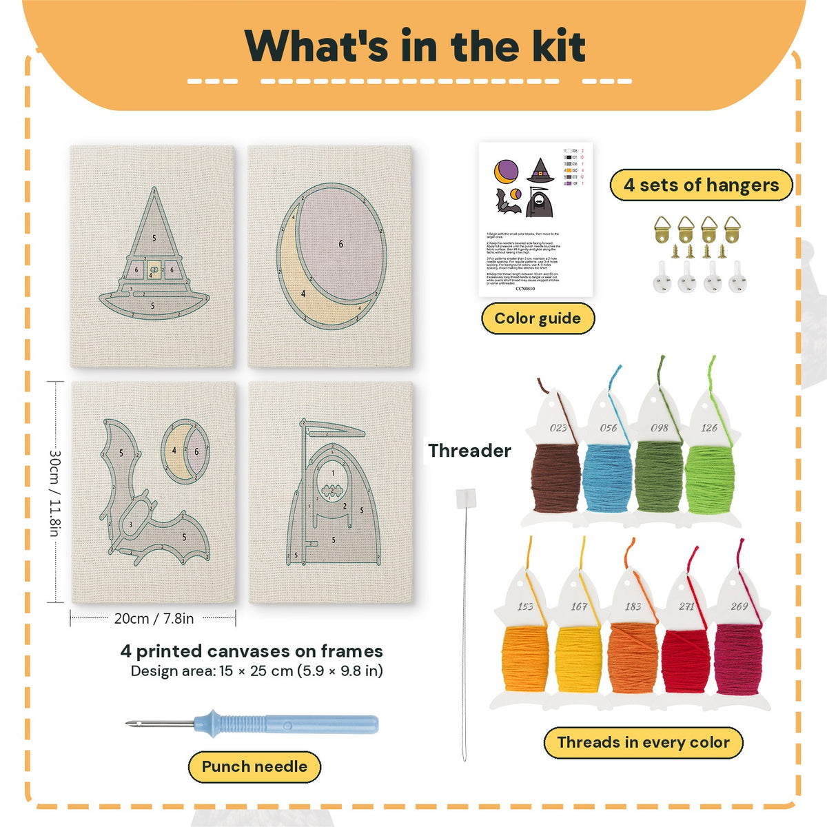 What is in the Reaper and Bat set, 8 × 12 in (20 × 30 cm) each: 4 printed canvases, punch needle, threader, threads, color guide and 4 sets of hangers
