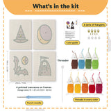What is in the Reaper and Bat set, 8 × 12 in (20 × 30 cm) each: 4 printed canvases, punch needle, threader, threads, color guide and 4 sets of hangers
