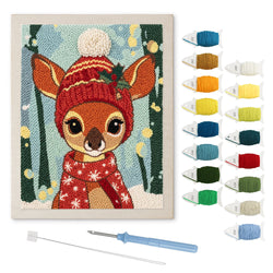 Red Beanie Fawn punch needle kit: finished canvas with threads, punch needle and threader