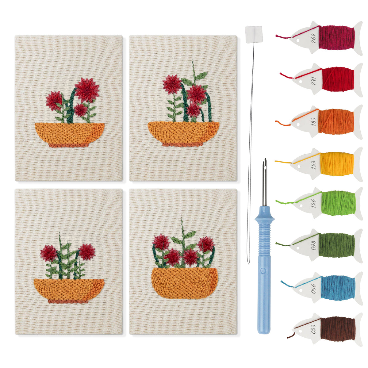 Red Bloom Bowls mini punch needle kit set: four finished canvases with threads, punch needle and threader