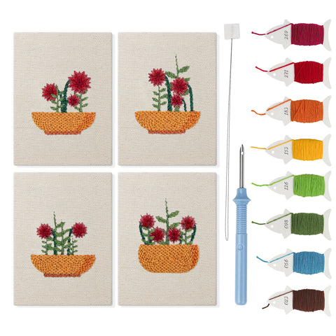 Red Bloom Bowls mini punch needle kit set: four finished canvases with threads, punch needle and threader