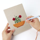 Punching a Red Bloom Bowls mini canvas with the punch needle