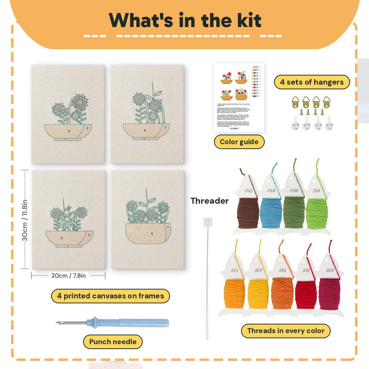 What is in the Red Bloom Bowls set, 8 × 12 in (20 × 30 cm) each: 4 printed canvases, punch needle, threader, threads, color guide and 4 sets of hangers