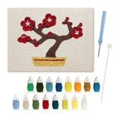 Red Blossom Bonsai punch needle kit: finished canvas with threads, punch needle and threader