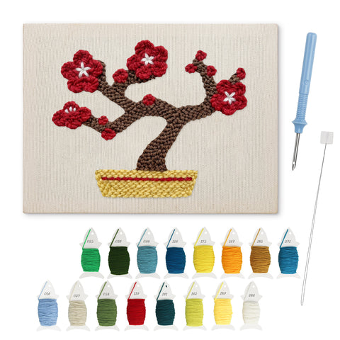Red Blossom Bonsai punch needle kit: finished canvas with threads, punch needle and threader