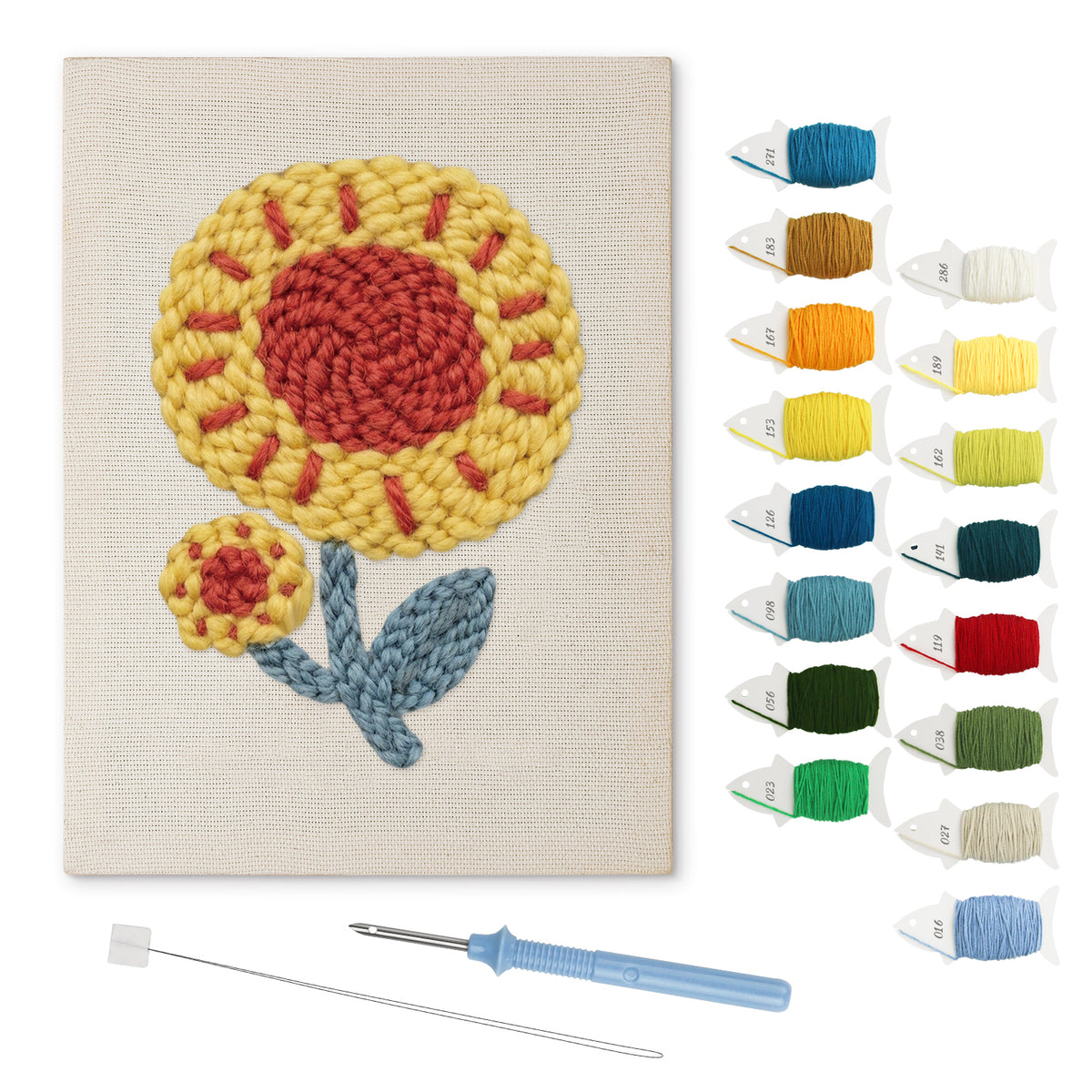Red Center Sunflower punch needle kit: finished canvas with threads, punch needle and threader