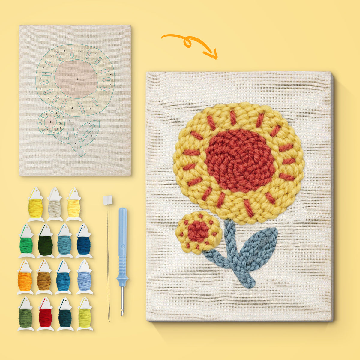 Red Center Sunflower canvas before and after punching, with the threads and tools