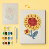 Red Center Sunflower canvas before and after punching, with the threads and tools